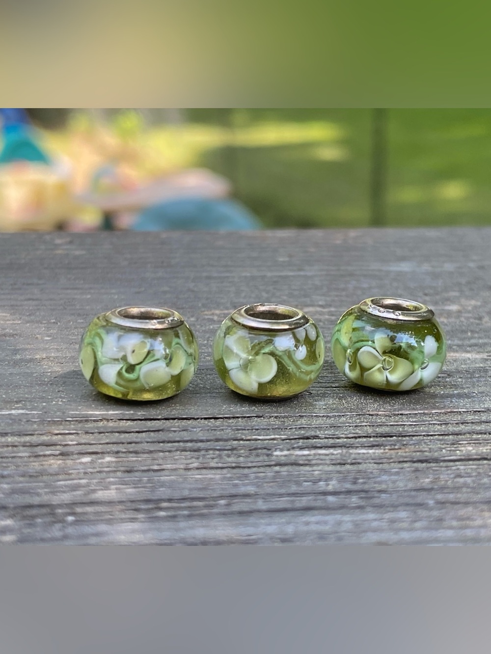 3 Green Floral Glass Rondelles Bead Charm for Pandora Style Bracelet 925 Silver